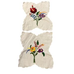 2 Vintage Embroidered Napkins Floral Butterfly Shape Colorful Dainty Scalloped